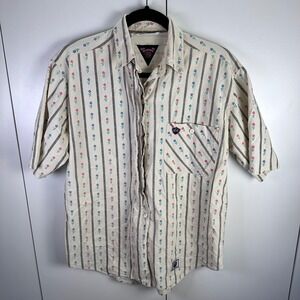 VTG Paris Sport Club Mens S Beige Striped Floral Short Sleeve Button Down Shirt